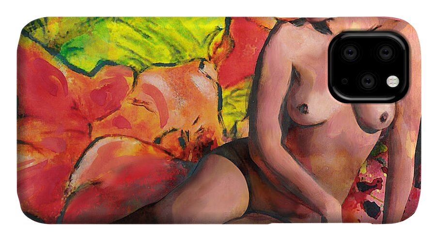 Original iPhone 11 Case featuring the painting Fine Art Female Nude Anastasia And Daylilies by G Linsenmayer