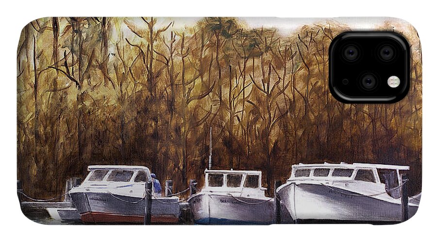 Fine Art iPhone 11 Case featuring the painting Fine Art Traditional Oil Painting 3 Workboats Chesapeake Bay by G Linsenmayer