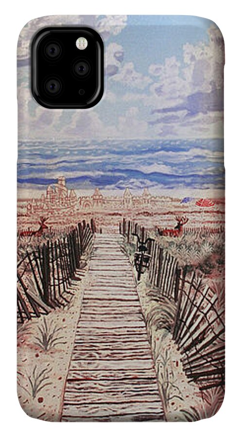 Fire Island Beach iPhone 11 Case featuring the painting Fire Island walkway To The Beach by Bonnie Siracusa