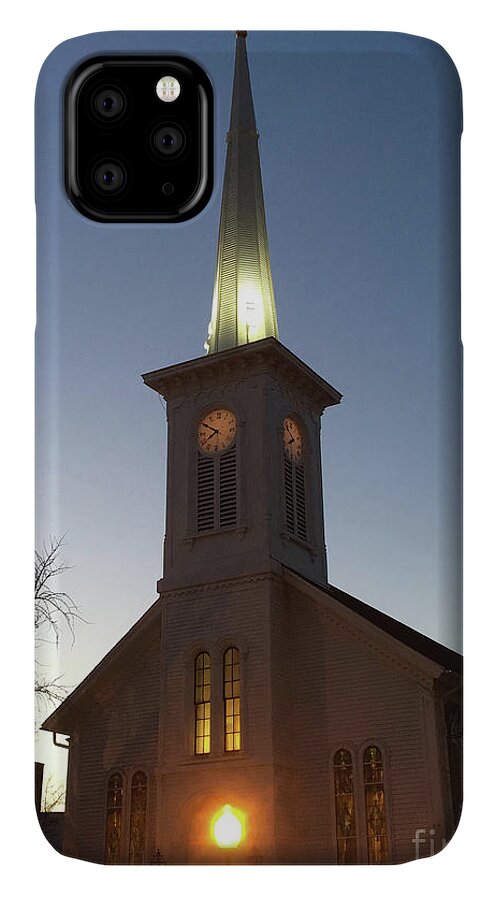 First Presbyterian Church iPhone 11 Case featuring the photograph First Presbyterian Churc Babylon N.Y after sunset by Steven Spak