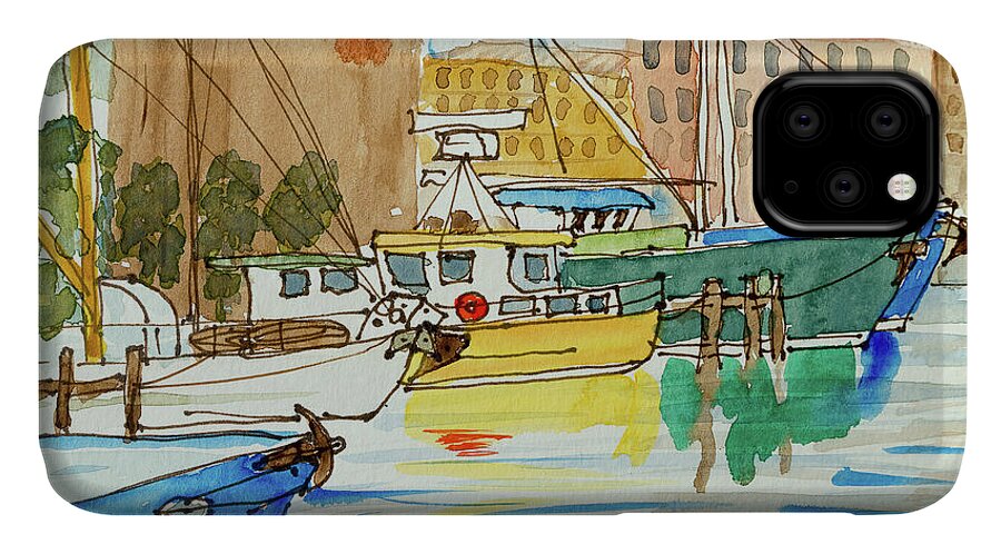 Australia iPhone 11 Case featuring the painting Fishing Boats in Hobart's Victoria Dock by Dorothy Darden
