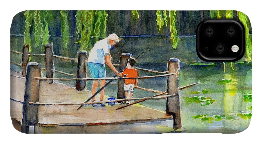 Grandfather And Grandson iPhone 11 Case featuring the painting Fishing with Grandpa by Carlin Blahnik CarlinArtWatercolor