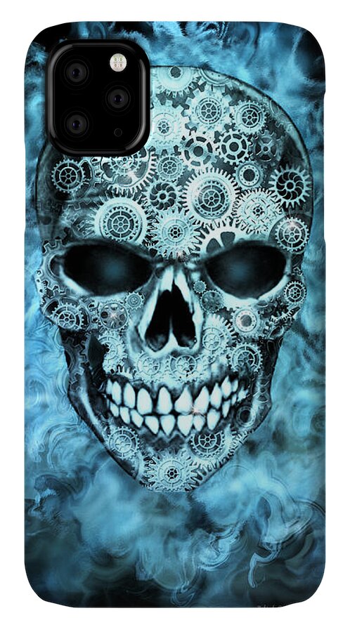 Digital Art iPhone 11 Case featuring the digital art Flaming Steampunk Skull by Artful Oasis