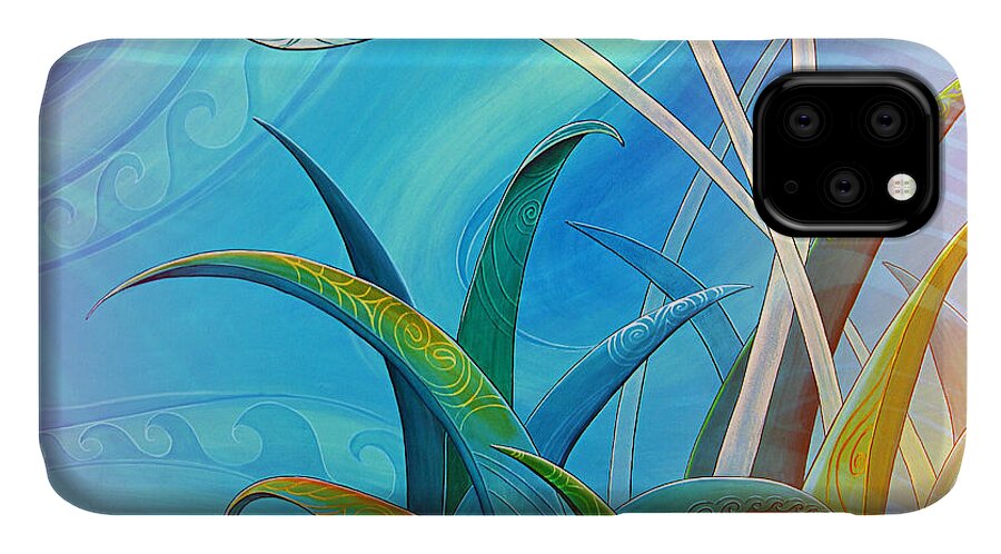 Harakeke iPhone 11 Case featuring the painting Flax Harakeke and Toetoe by Reina Cottier