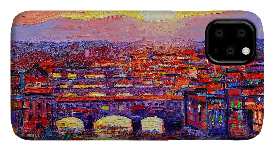 Florence iPhone 11 Case featuring the painting Florence Sunset Over Ponte Vecchio Abstract Impressionist Knife Oil Painting By Ana Maria Edulescu by Ana Maria Edulescu