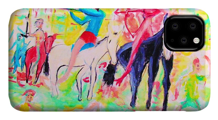 Four Horsemen Of The Apocalypse iPhone 11 Case featuring the painting Four Horsemen by Stanley Morganstein