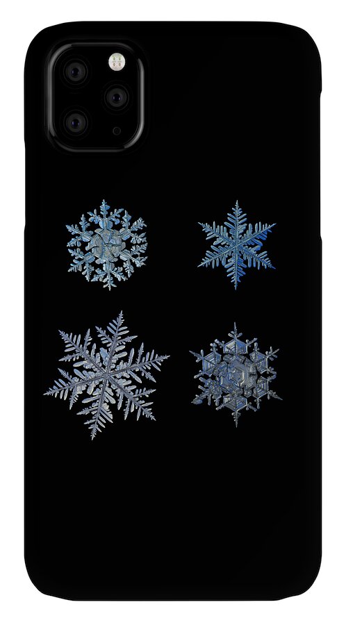 Snowflake iPhone 11 Case featuring the photograph Four snowflakes on black background by Alexey Kljatov