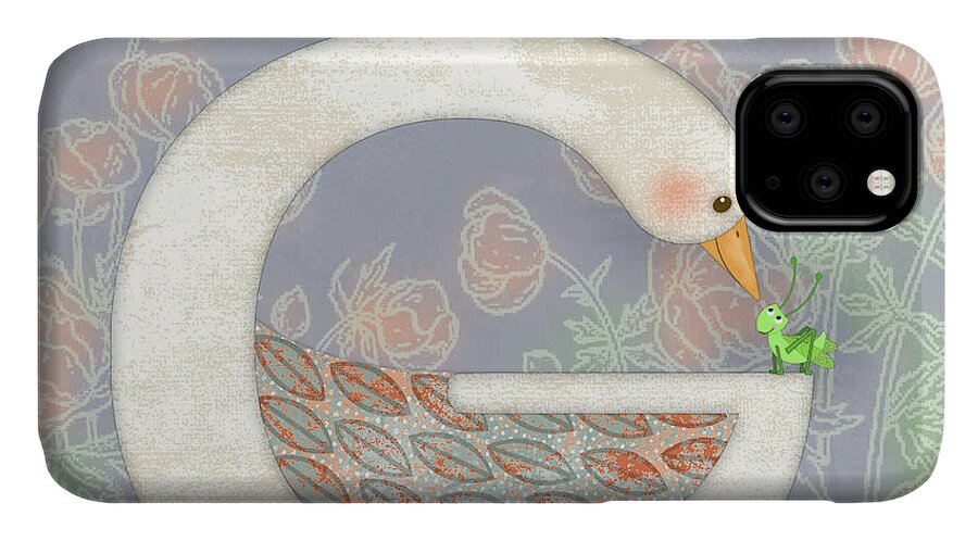 Goose iPhone 11 Case featuring the digital art G is for Goose and Grasshopper by Valerie Drake Lesiak