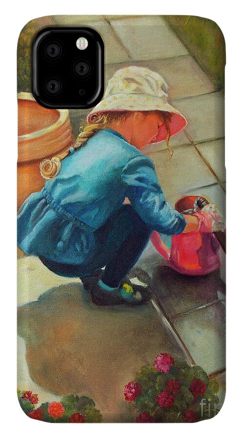 Portrait iPhone 11 Case featuring the painting Gardening by Marlene Book