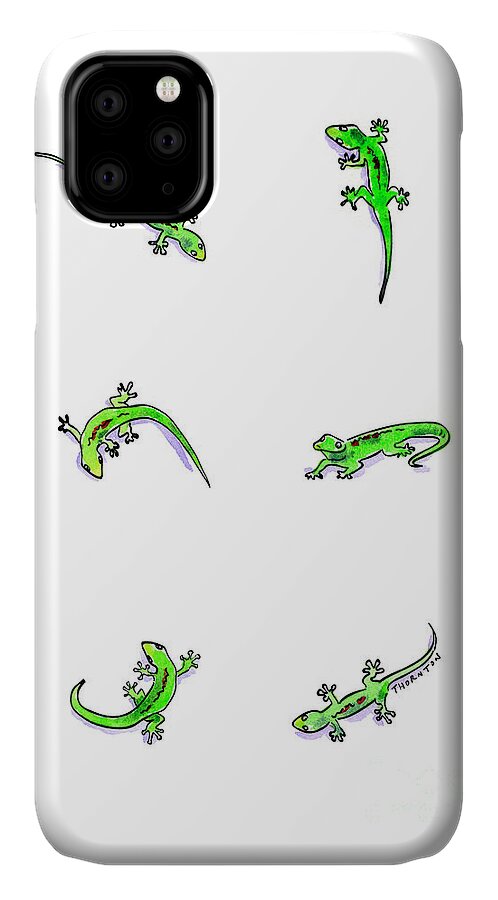 Gecko iPhone 11 Case featuring the painting Gecko Play by Diane Thornton
