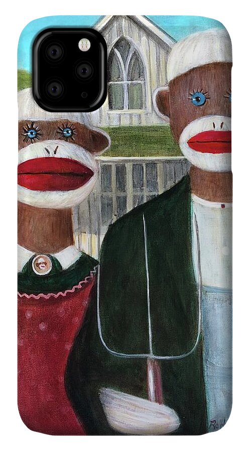 Masterpiece iPhone 11 Case featuring the painting Gothic American Sock Monkeys by Rand Burns