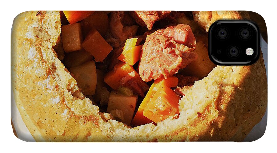 Goulash iPhone 11 Case featuring the photograph Goulash in bread - hungarian food by Matthias Hauser