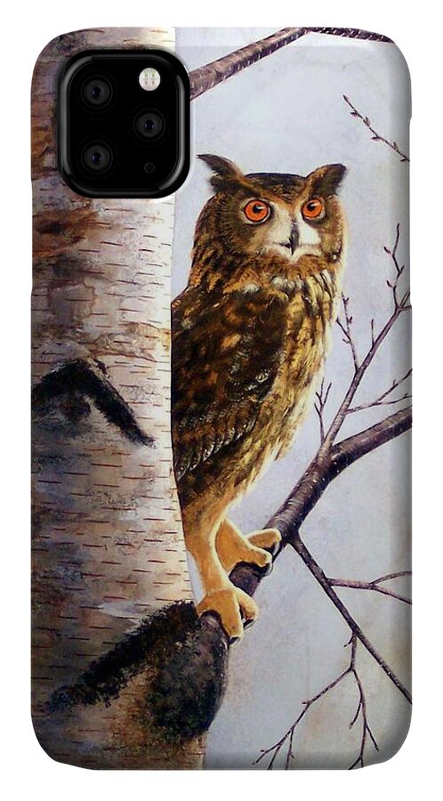 Great Horned Owl In Birch iPhone 11 Case featuring the painting Great Horned Owl In Birch by Frank Wilson
