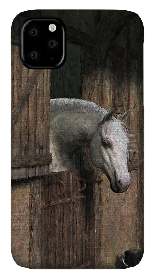 Horse iPhone 11 Case featuring the digital art Grey Horse in the Stable - Waiting for Dinner by Jayne Wilson