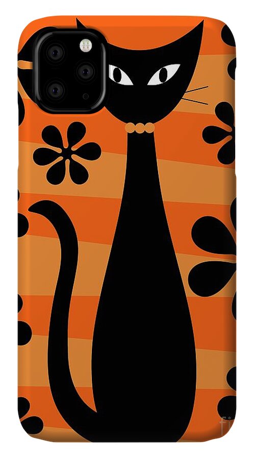 Donna Mibus iPhone 11 Case featuring the digital art Groovy Flowers with Cat Orange and Light Orange by Donna Mibus