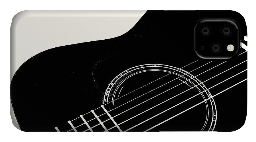 Guitar iPhone 11 Case featuring the digital art Guitar, Black and White, by Jana Russon