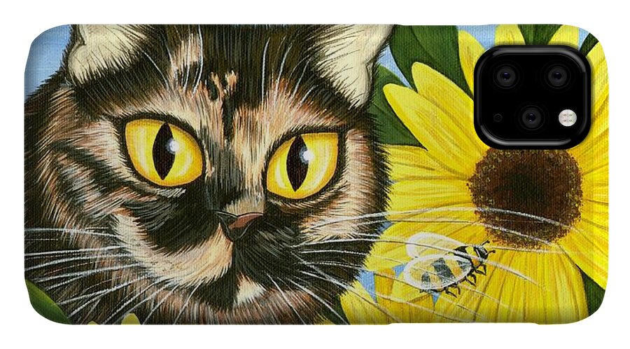Tortoiseshell Cat iPhone 11 Case featuring the painting Hannah Tortoiseshell Cat Sunflowers by Carrie Hawks