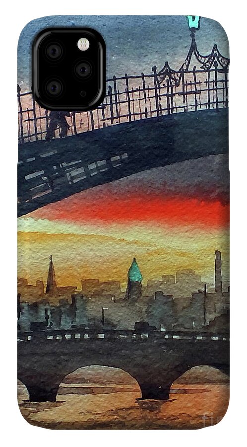 Silhouette iPhone 11 Case featuring the painting Hapenny Bridge Sunset, Dublin...27apr18 by Val Byrne