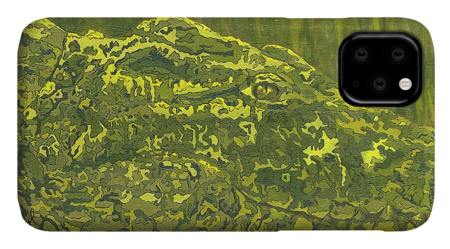 Crocodile iPhone 11 Case featuring the painting Hidden Danger by Cheryl Bowman