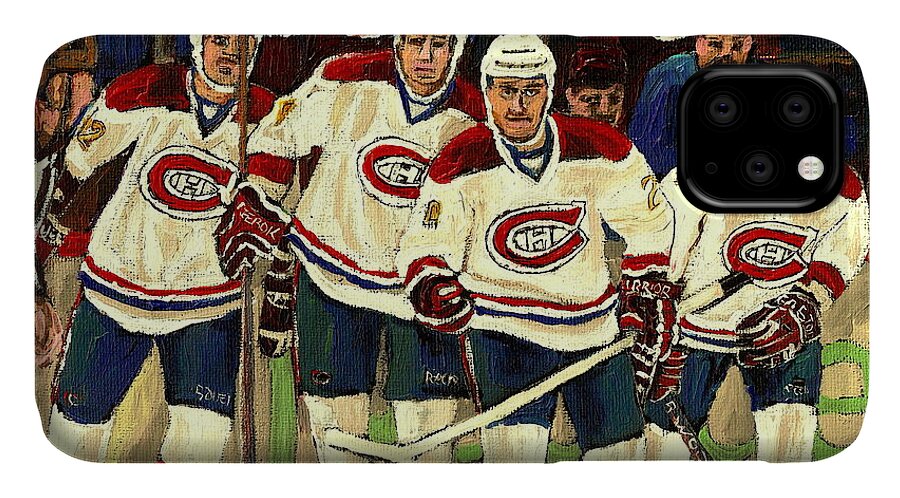 Hockey Art The Habs Fab Four iPhone 11 Case featuring the painting Hockey Art The Habs Fab Four by Carole Spandau
