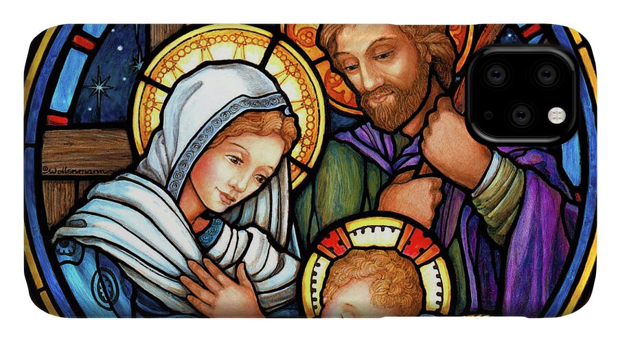 Stained Glass Holy Family Baby Jesus Christmas Nativity Mary Joseph Blessed Virgin Christ Child Sacred Catholic iPhone 11 Case featuring the digital art Holy Family Stained Glass by Randy Wollenmann