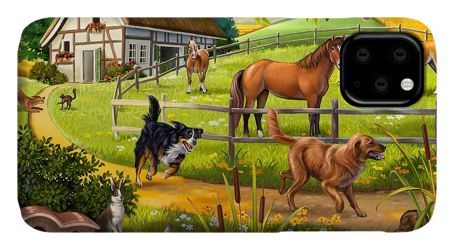Children's Illustration iPhone 11 Case featuring the painting House Animals by Anne Wertheim