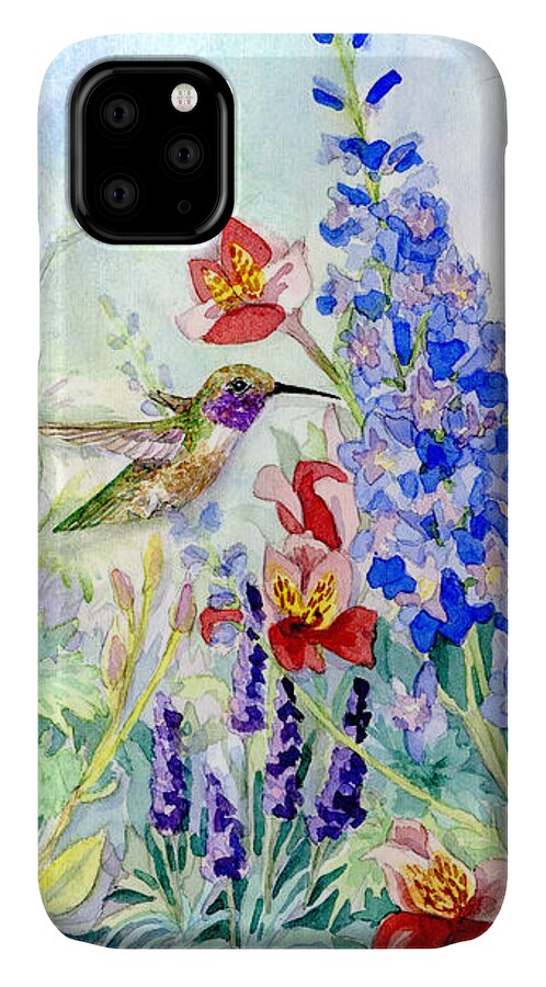 Watercolor iPhone 11 Case featuring the painting Hummingbird Garden in Spring by Audrey Jeanne Roberts