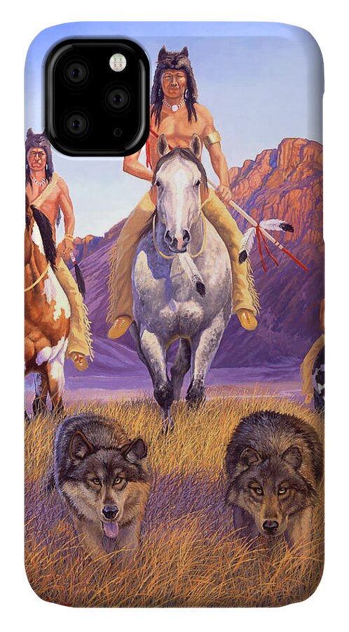 Indian Art iPhone 11 Case featuring the painting Hunters Of The Full Moon by Howard Dubois