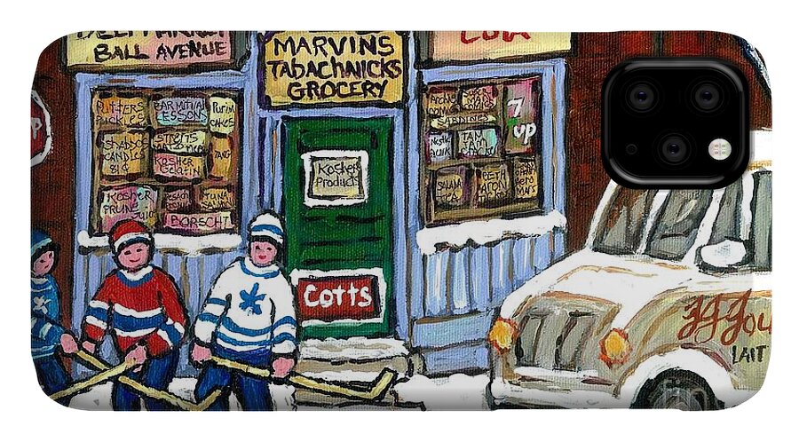 Montreal iPhone 11 Case featuring the painting J J Joubert Vintage Milk Truck At Marvin's Grocery Montreal Memories Street Hockey Best Hockey Art by Carole Spandau
