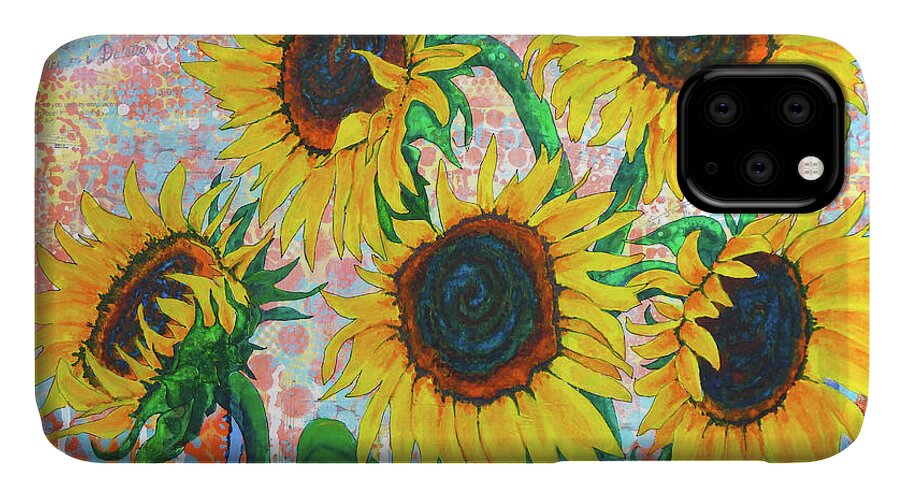 Sunflower iPhone 11 Case featuring the painting Joy of Sunflowers Desiring by Lisa Crisman