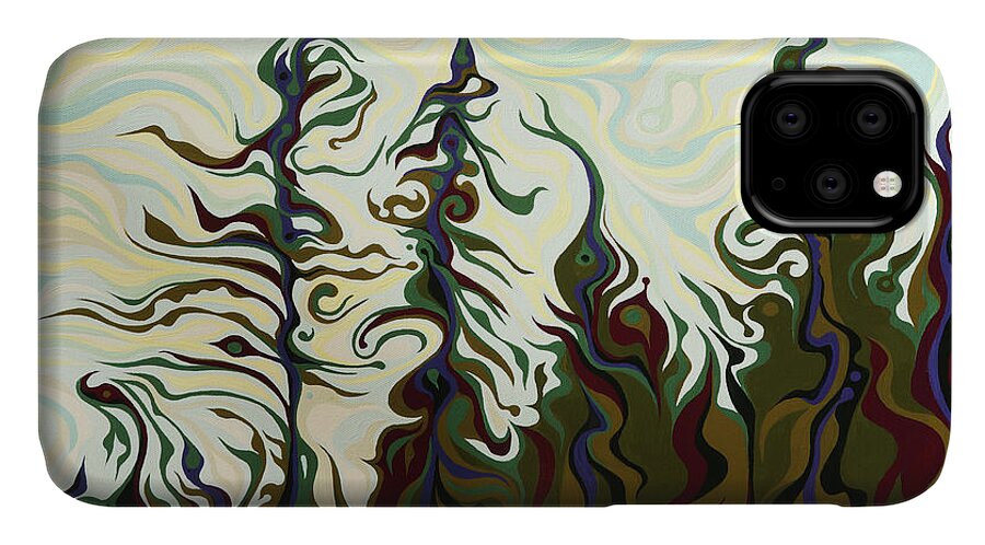 Tree iPhone 11 Case featuring the painting Joyful Pines, Whispering Lines by Amy Ferrari