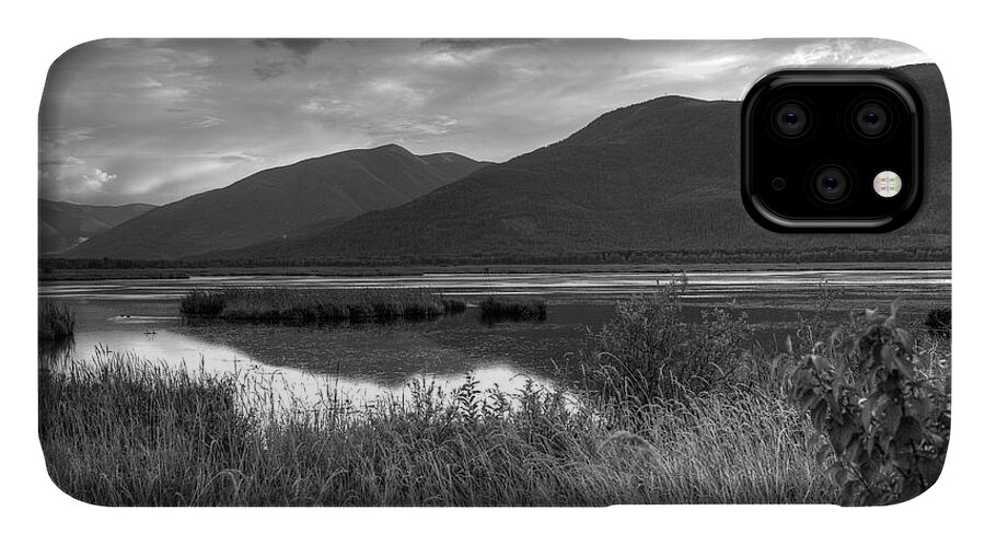 Kootenay iPhone 11 Case featuring the photograph Kootenay Marshes In Black And White by Lawrence Christopher