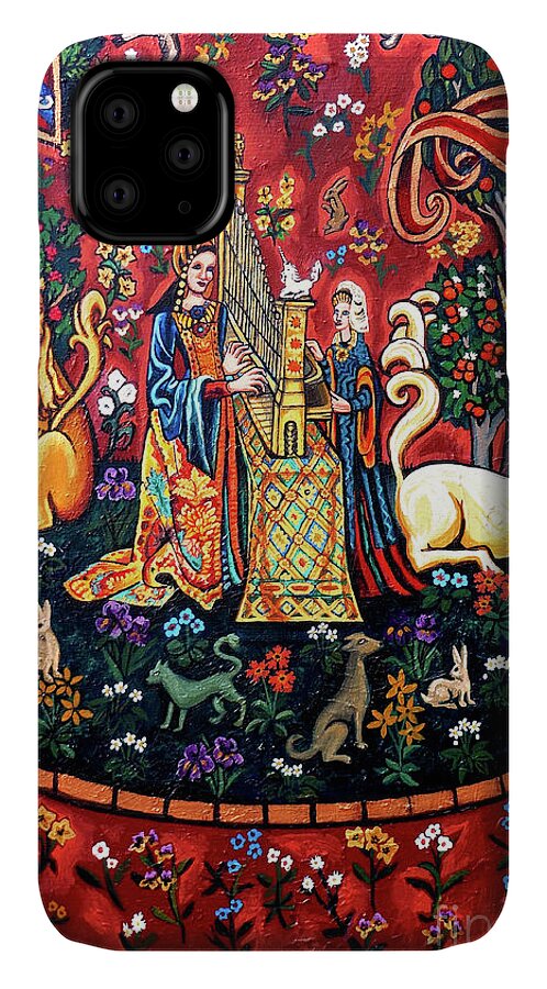 Lady And The Unicorn Tapestries iPhone 11 Case featuring the painting Lady And The Unicorn Sound by Genevieve Esson