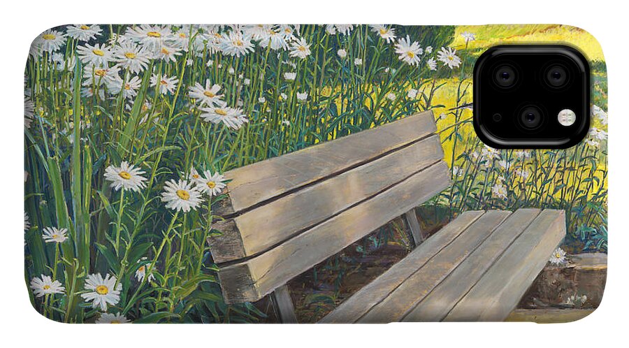 Birdseye Art Studio iPhone 11 Case featuring the painting Lake Padden Series - Memorial Bench of Judy Winter by Nick Payne
