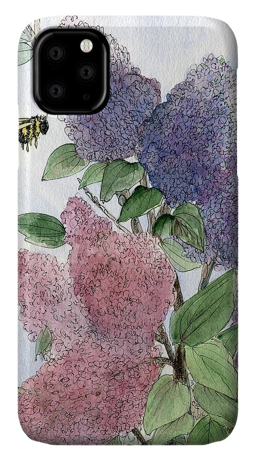 Lilacs iPhone 11 Case featuring the painting Lilacs and Bees by Laurie Rohner
