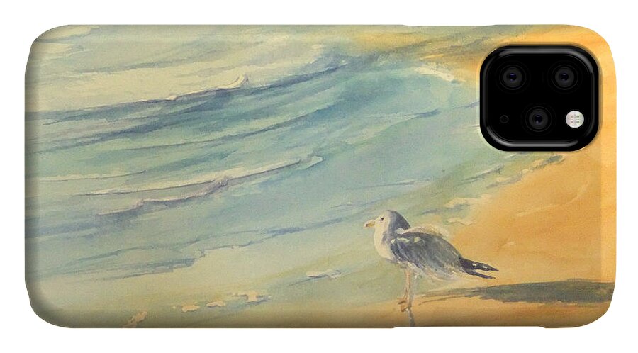 Watercolor iPhone 11 Case featuring the painting Long Beach Bird by Debbie Lewis