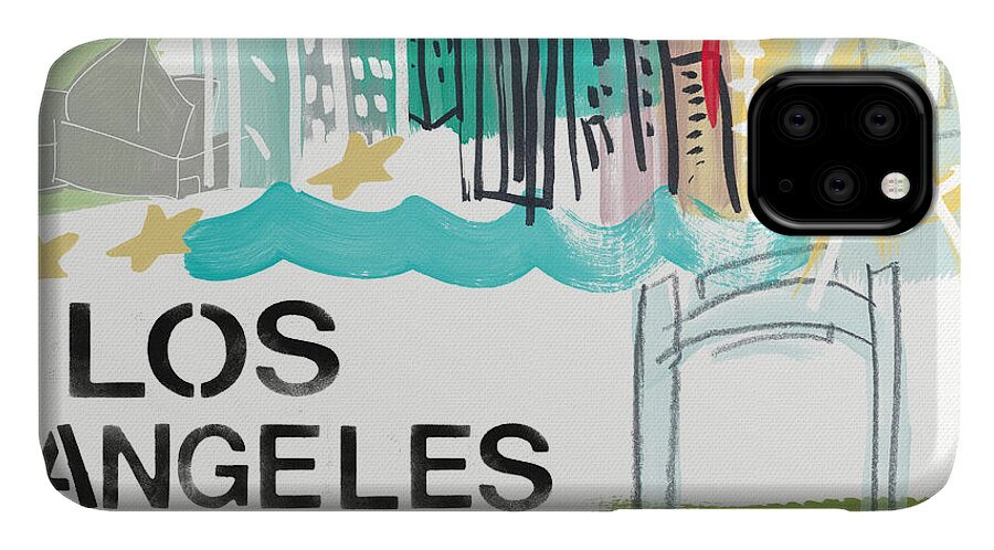 Los Angeles iPhone 11 Case featuring the painting Los Angeles Cityscape- Art by Linda Woods by Linda Woods
