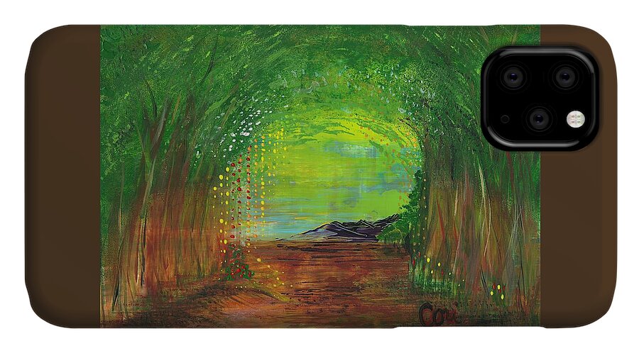 Trees iPhone 11 Case featuring the painting Luminous Path by Corinne Carroll