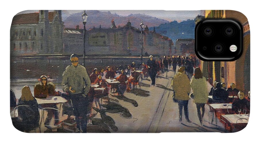 Switzerland iPhone 11 Case featuring the painting Lunchtime in Luzern by David Gilmore