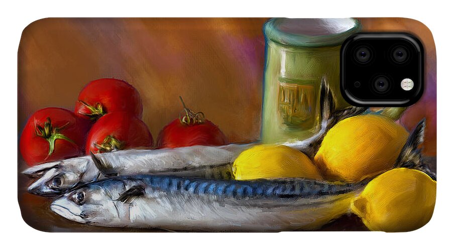 Mackerels; Cuisine; Food Arrangement; Mediterranean Cuisine; Brown Background; Lemmons; Tomatoes; Still Life; Jcferro; Rmx iPhone 11 Case featuring the photograph Mackerels, Lemons and Tomatoes by Juan Carlos Ferro Duque