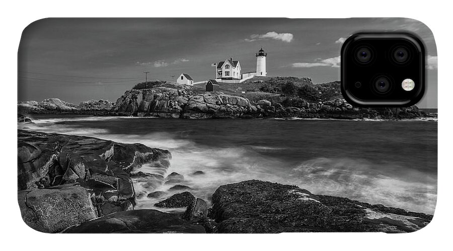 Maine iPhone 11 Case featuring the photograph Maine Cape Neddick Lighthouse in BW by Ranjay Mitra