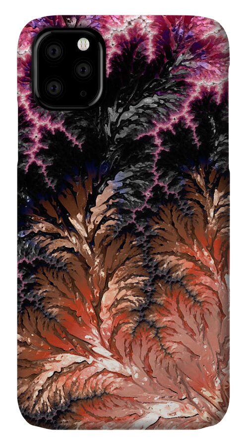 Abstract iPhone 11 Case featuring the digital art Maroon, Black and Orange Fractal Design by Michele A Loftus