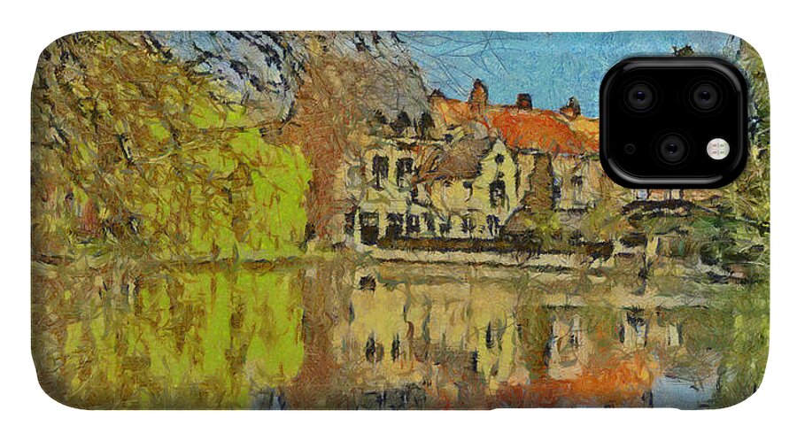 Belgium iPhone 11 Case featuring the digital art Minnewater Lake in Bruges Belgium by Digital Photographic Arts