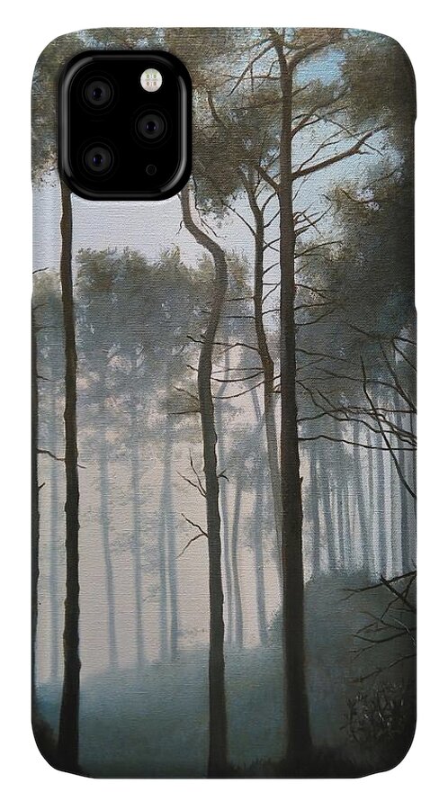 Trees iPhone 11 Case featuring the painting Misty Morning Walk by Caroline Philp