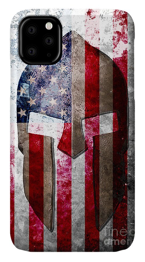 Gun iPhone 11 Case featuring the digital art Molon Labe - Spartan Helmet across an American Flag on Distressed Metal Sheet by M L C