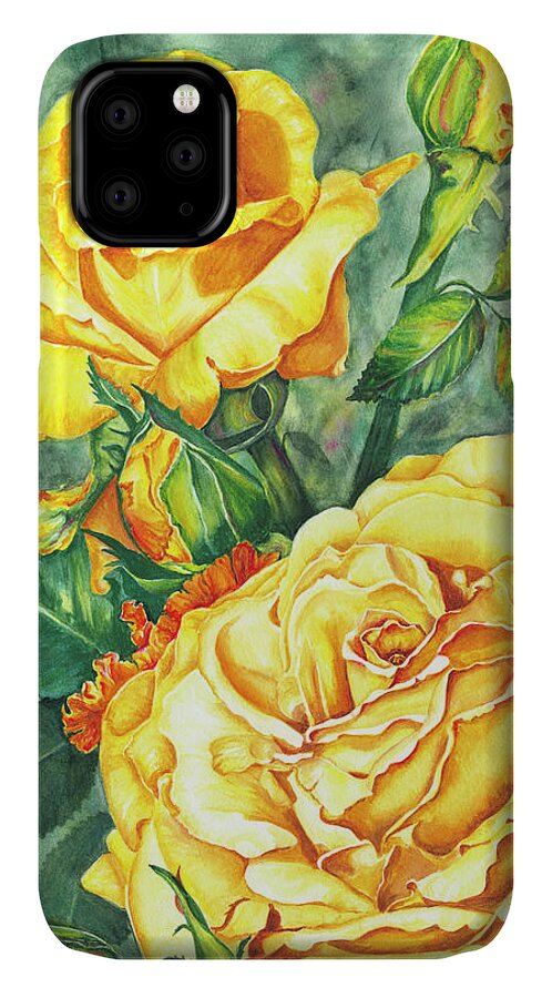 Yellow Rose Watercolor iPhone 11 Case featuring the painting Mom's Golden Glory by Lori Taylor