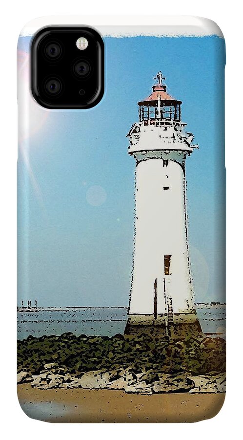 New Brighton iPhone 11 Case featuring the mixed media New Brighton Lighthouse by Joan-Violet Stretch