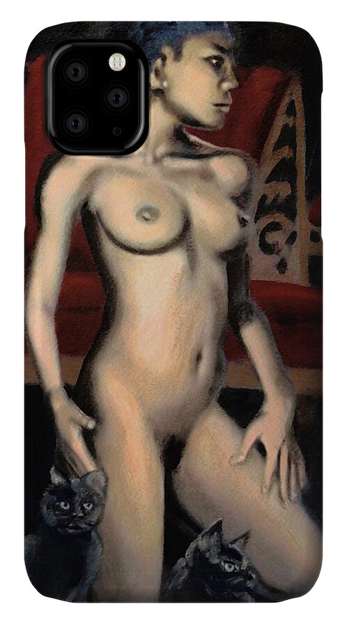 Original Oil iPhone 11 Case featuring the painting NUDE FEMALE Woman Kneeling with Cats by G Linsenmayer