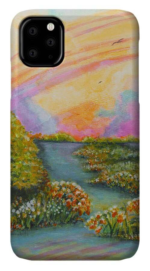 Rainbow iPhone 11 Case featuring the painting On My Way by Holly Carmichael