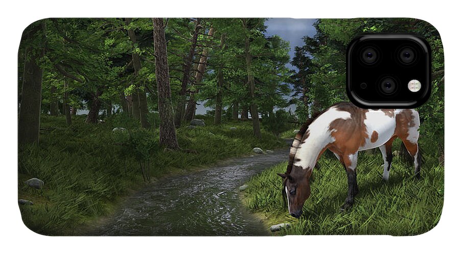 Horse iPhone 11 Case featuring the digital art Paint Horse by the Forest Stream by Jayne Wilson